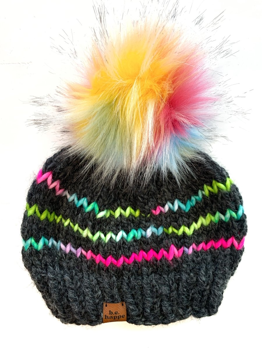 Adult Knit Pom Hat | Gray Rainbow Beanie - b.e.happe