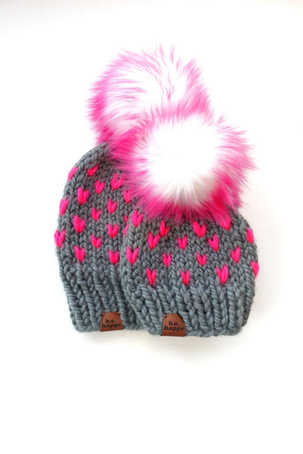 Adult Knit Pom Hat | Hot Pink Heart Beanie - b.e.happe