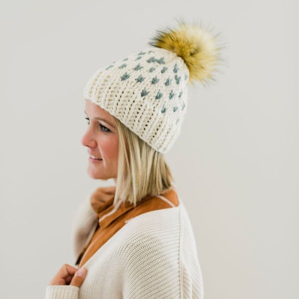 Adult Knit Pom Hat | Off White Heart Beanie - b.e.happe
