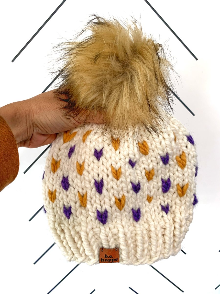 Adult Knit Pom Hat | Purple + Yellow Beanie - b.e.happe