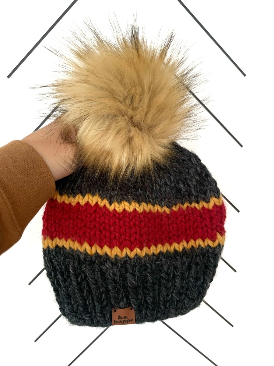 Adult Knit Pom Hat | Red + Yellow Beanie - b.e.happe