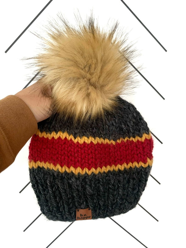 Adult Knit Pom Hat | Red + Yellow Beanie - b.e.happe