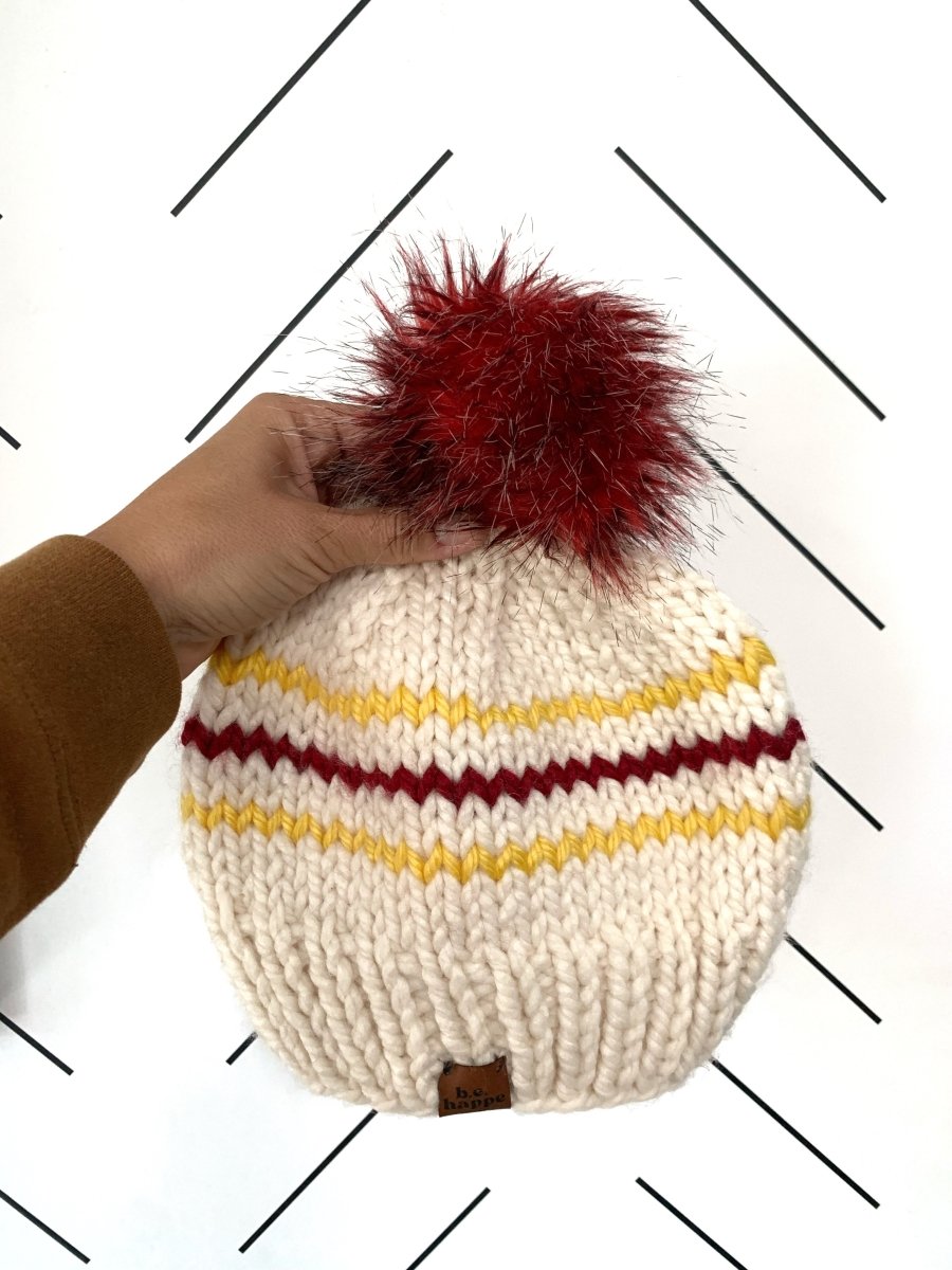 Adult Knit Pom Hat | Yellow + Red Stripe Beanie - b.e.happe