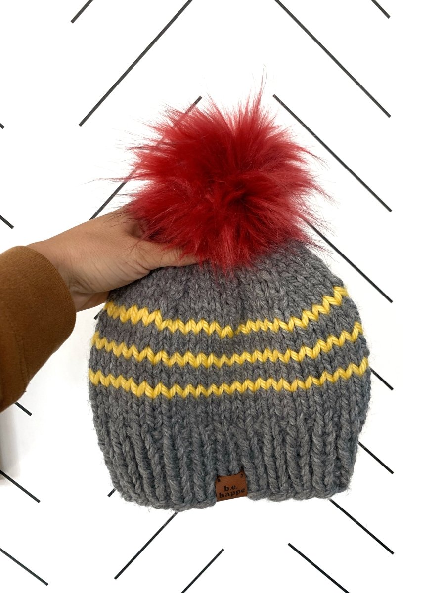 Adult Knit Pom Hat | Yellow Stripe Beanie - b.e.happe
