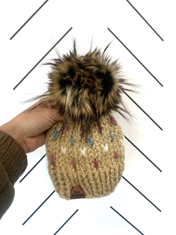 Baby Knit Pom Hat | Pink + Blue Heart Beanie - b.e.happe