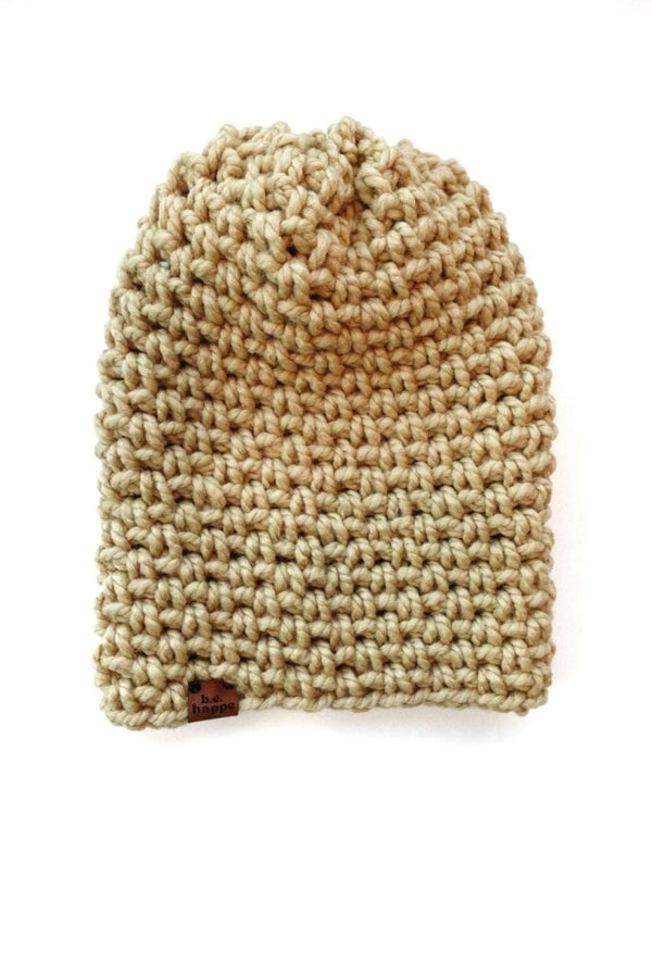 Crochet Simple Slouch Hat | Tan Slouchy Beanie - b.e.happe