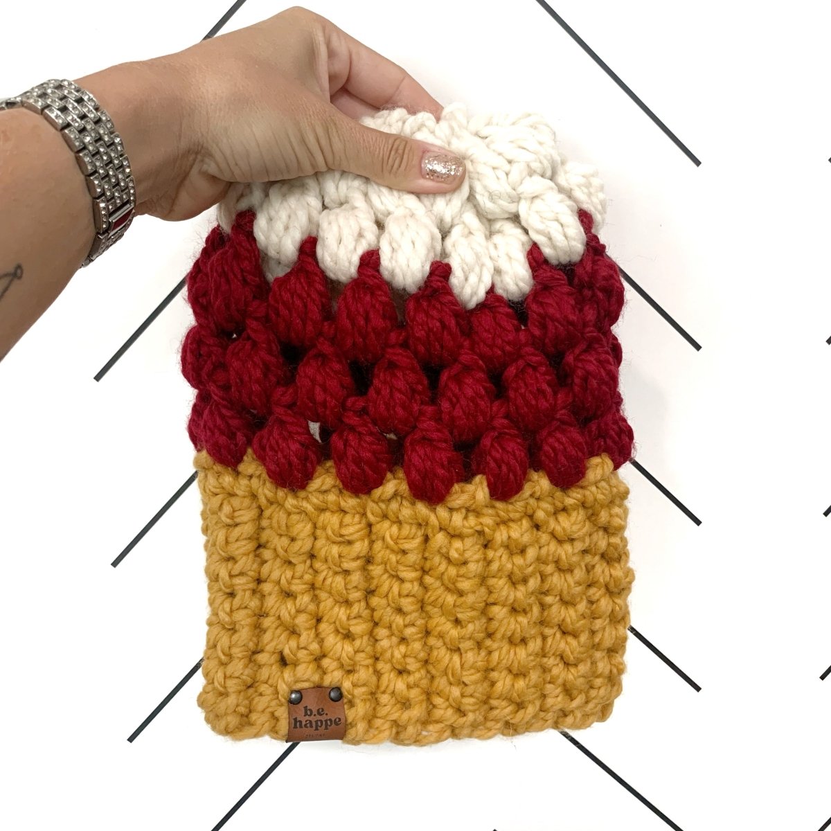 Crochet Slouch Hat | Mustard Yellow + Red Slouchy Beanie - b.e.happe