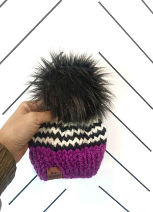 0-3 month Zig Zag Knit Pom Hat | Lollipop + Off White + Black