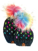 Handmade Knit Happe Hearts Pom Pom Hat | Charcoal Rainbow