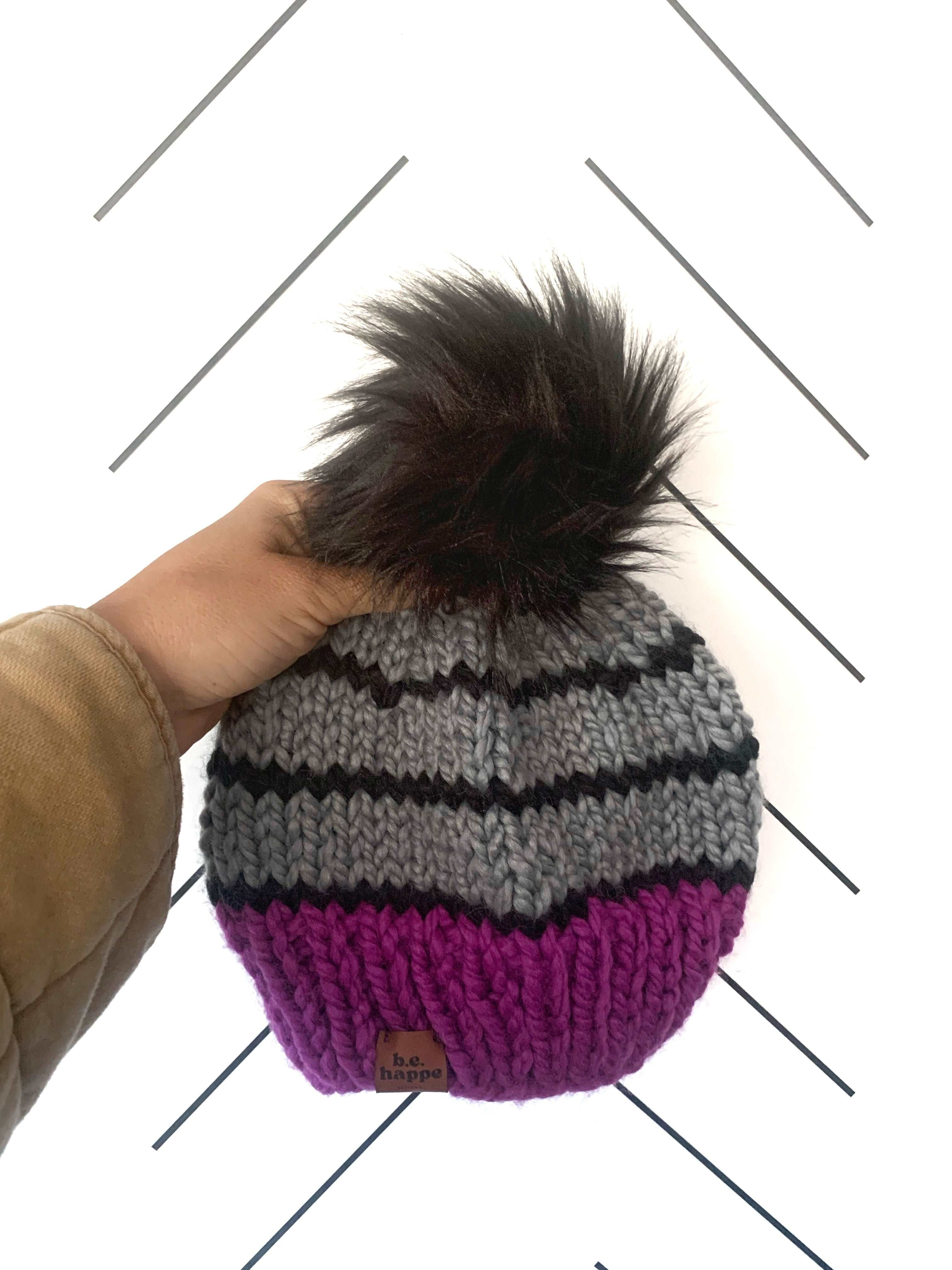 Adult Knit Pom Hat | Purple + Gray Striped Beanie -  from b.e.happe 