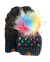 Handmade Knit Happe Hearts Pom Pom Hat | Charcoal Rainbow