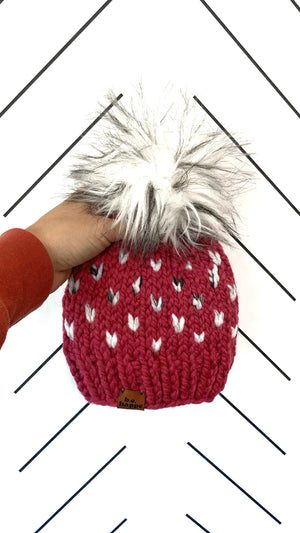 Handmade Knit Happe Hearts Pom Hat | Raspberry Pink + Marble