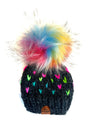 Handmade Knit Happe Hearts Pom Pom Hat | Charcoal Rainbow