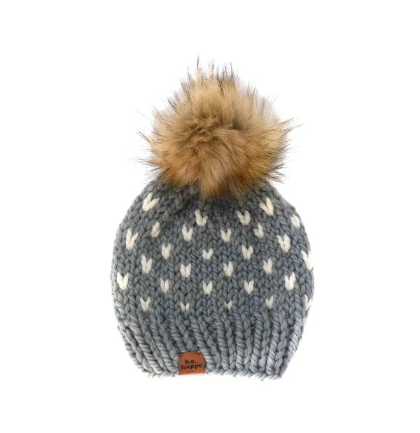 Adult Knit Pom Hat | Slate Gray Heart Beanie -  from b.e.happe 