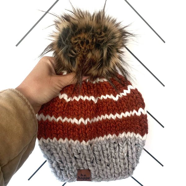Adult Striped Knit Pom Pom Hat | Grey + Spice + Off White