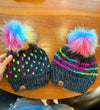 Handmade Knit Happe Hearts Pom Pom Hat | Charcoal Rainbow