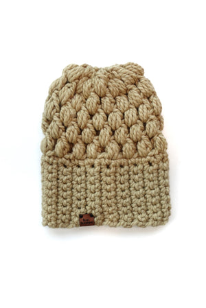 crochet puff stitch slouch hat, tan womens beanie, women's slouch hat