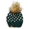 Adult Hearts Knit Pom Hat | Dark Green + Off White