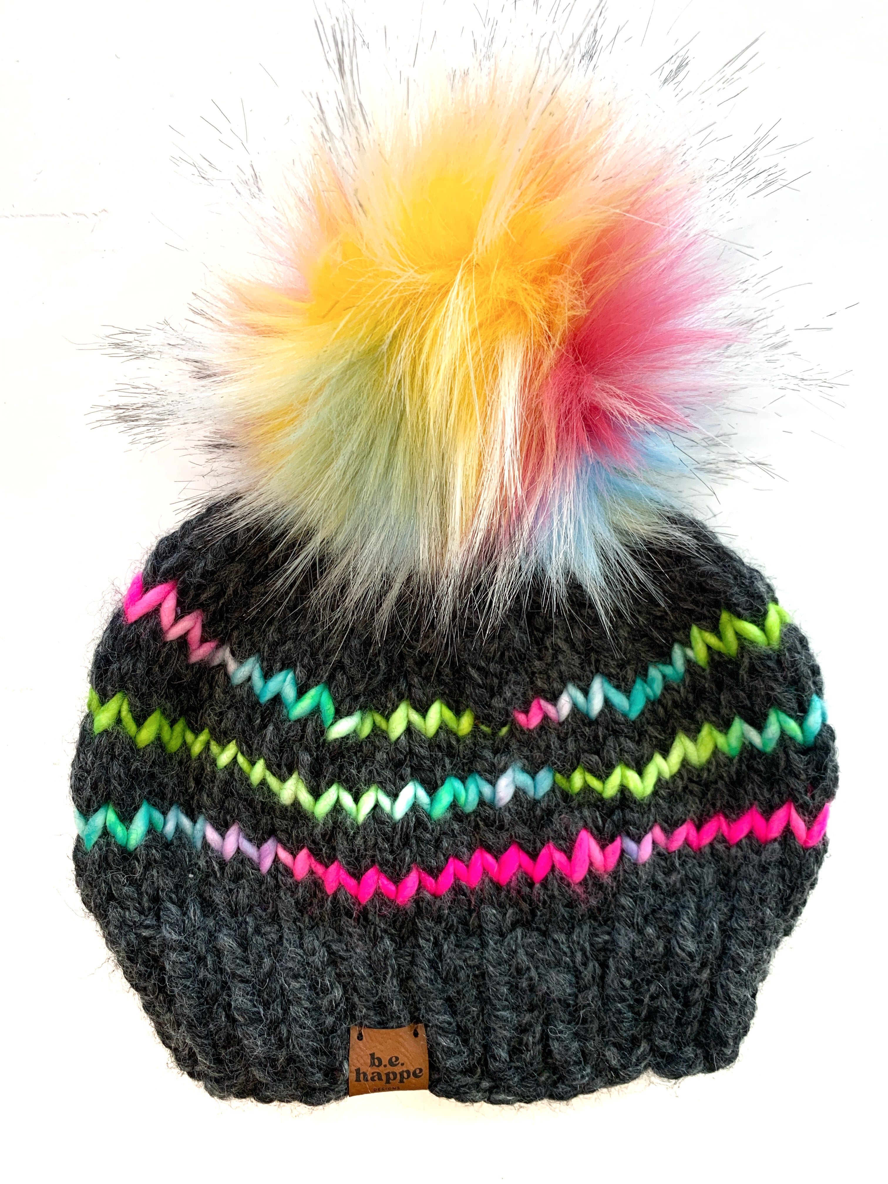 Adult Knit Pom Hat | Gray Rainbow Beanie - Hats from b.e.happe 