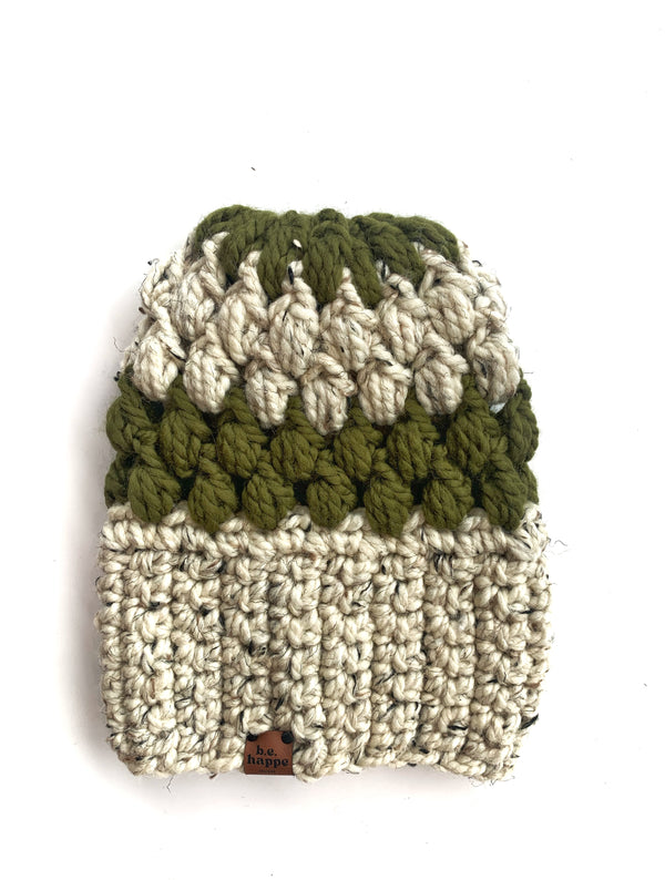 Crochet Slouch Hat | Oatmeal + Green Slouchy Beanie - Adult from b.e.happe 