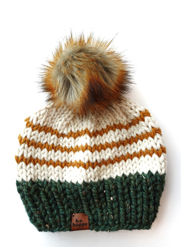 Youth Knit Pom Hat | Green Stripe Beanie -  from b.e.happe 