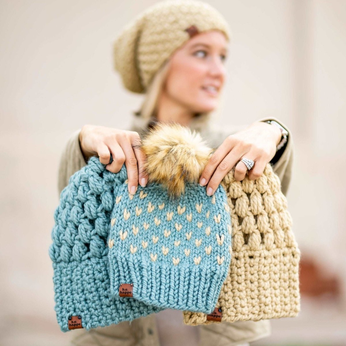 Mommy + Me Blue Knit Heart Pom Hat Set - b.e.happe
