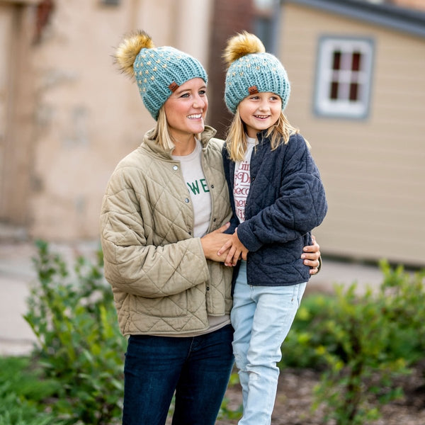 Mommy + Me Blue Knit Heart Pom Hat Set - b.e.happe