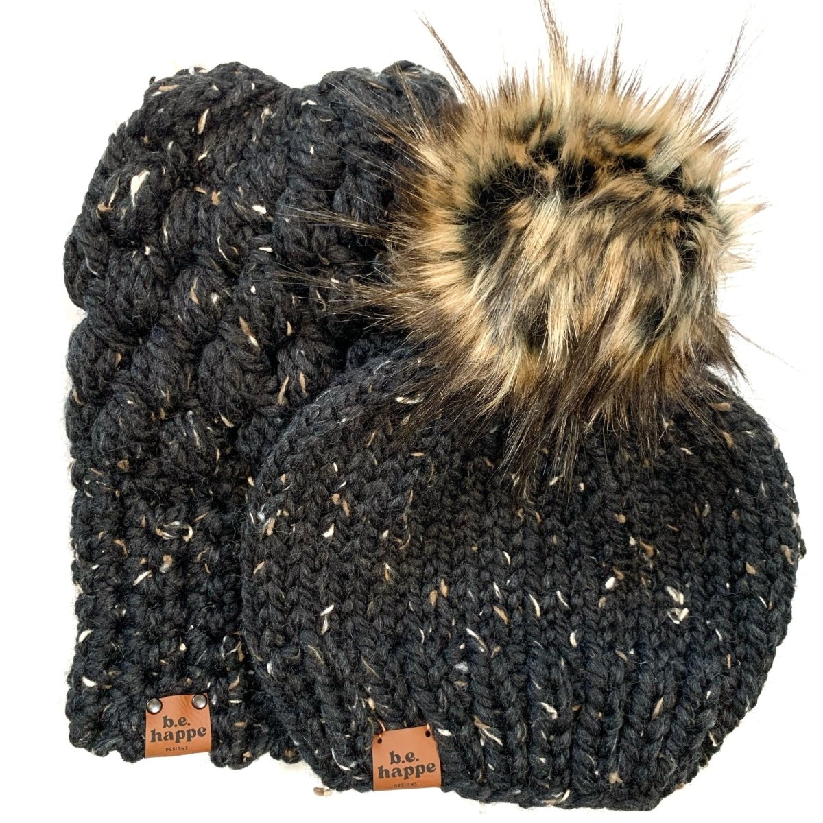 Mommy + Me Hat Set | Black Women's Slouch Hat +Mini Pom Beanie - b.e.happe