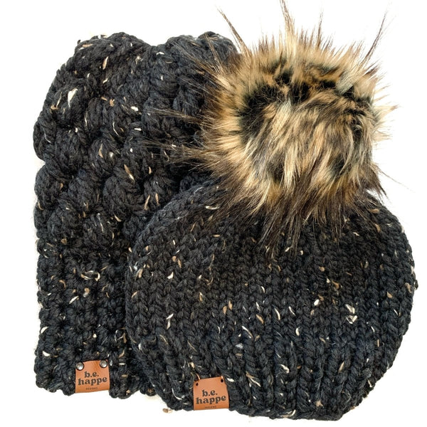 Mommy + Me Hat Set | Black Women's Slouch Hat +Mini Pom Beanie - b.e.happe