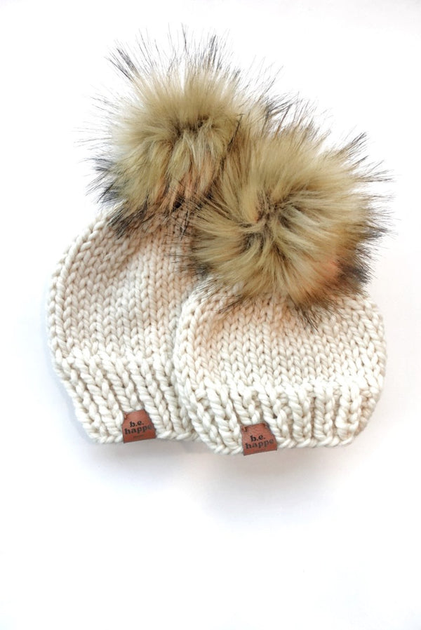 Mommy + Me Matching Beanie Set | Off White Knit Hat Set - b.e.happe
