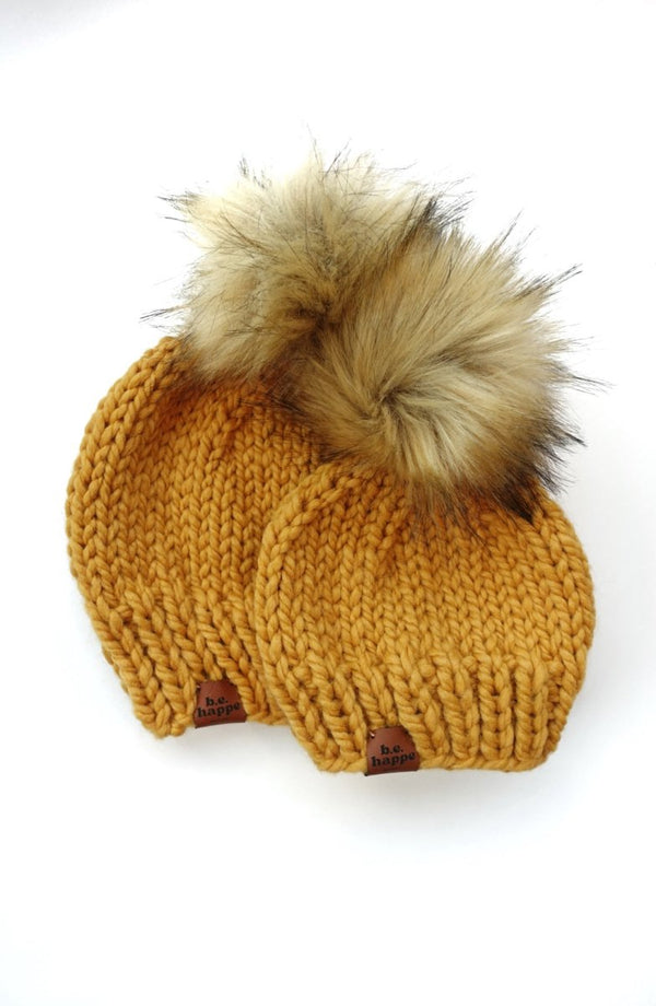 Mommy + Me Matching Mustard Pom Hat Set - b.e.happe
