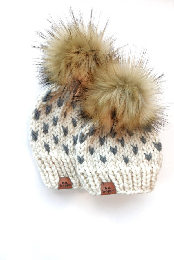 Mommy + Me Off White Knit Heart Pom Hat Set - b.e.happe