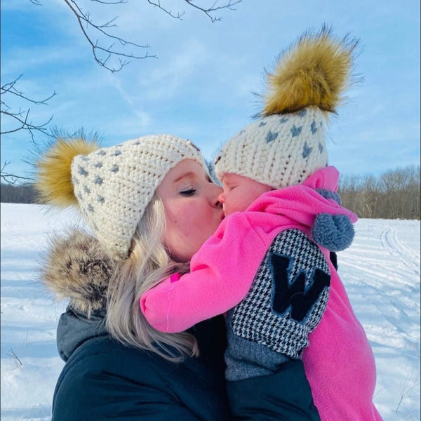 Mommy + Me Off White Knit Heart Pom Hat Set - b.e.happe