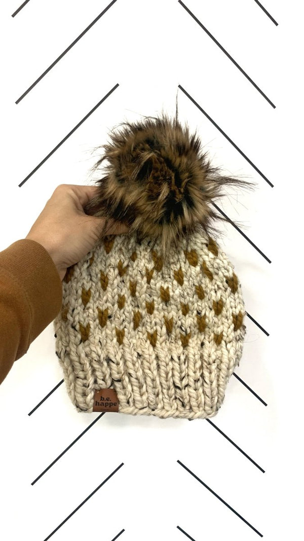 Toddler Knit Pom Hat | Flax Brown Heart Beanie - b.e.happe