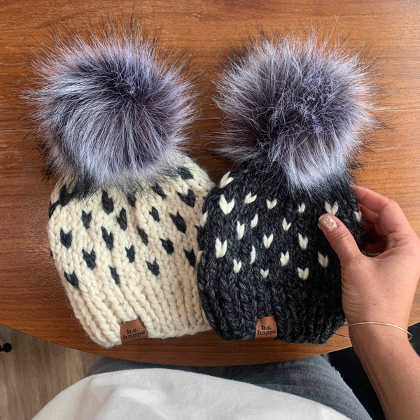Toddler Knit Pom Hat | Gray Heart Beanie - b.e.happe