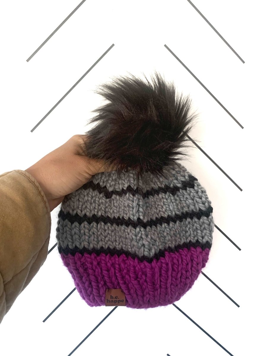 Women's Knit Pom Hat | Purple + Gray Striped Beanie - b.e.happe