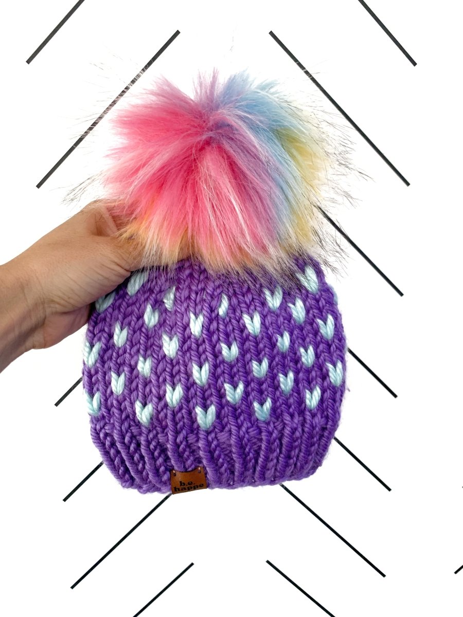 Youth Knit Heart Pom Hat | Wool Free Rainbow Beanie - b.e.happe