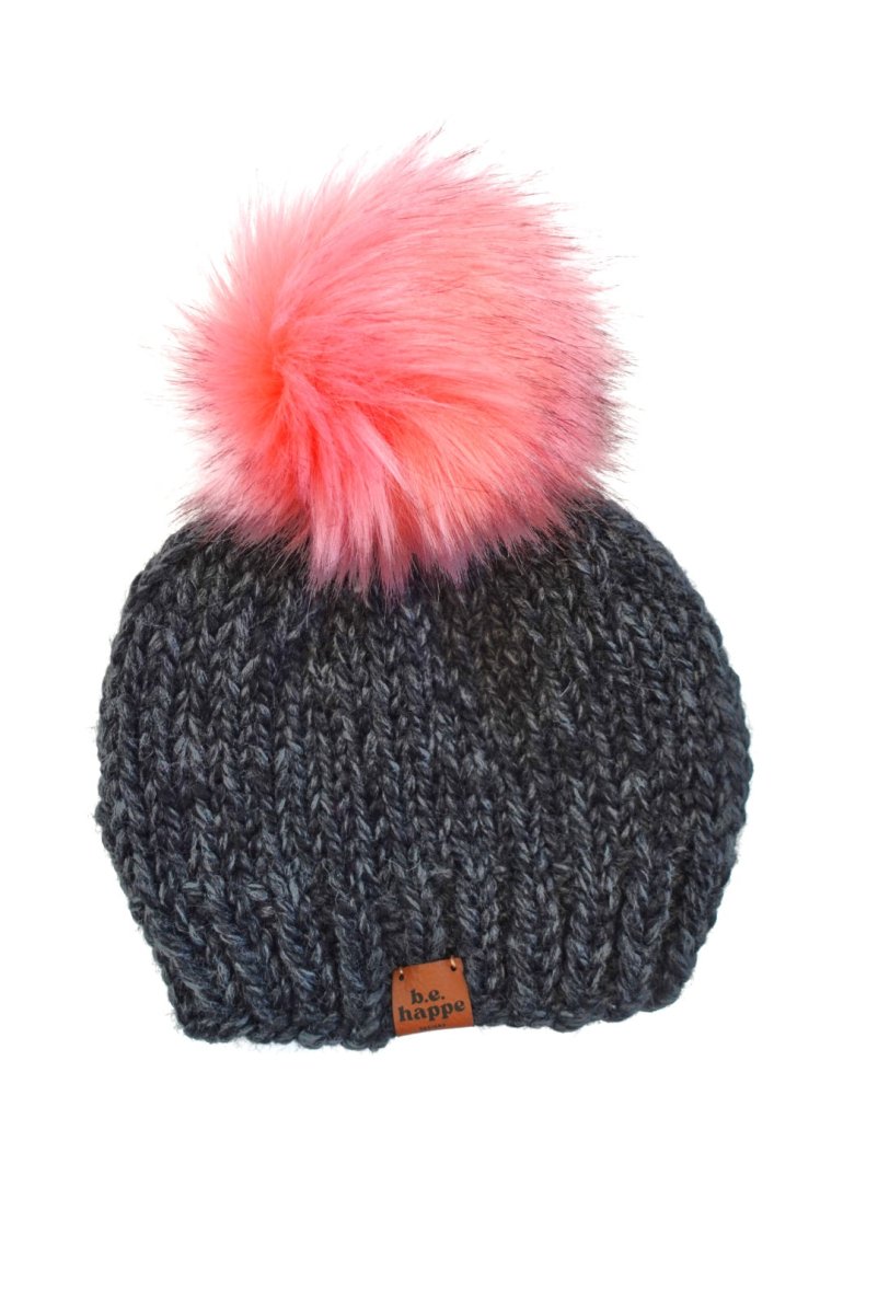 Youth Knit Pom Hat | Charcoal Gray Pink Pom Beanie - b.e.happe