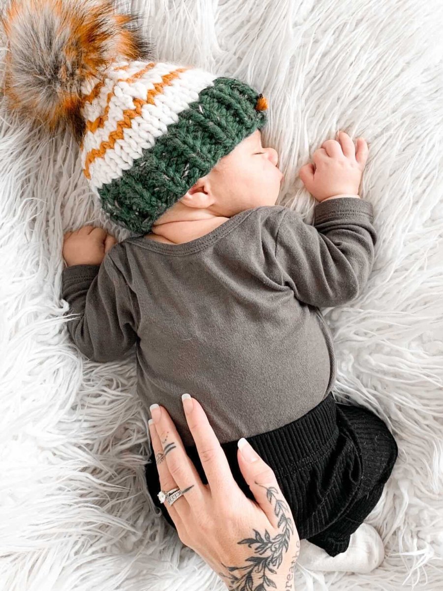 Youth Knit Pom Hat | Green Stripe Beanie - b.e.happe