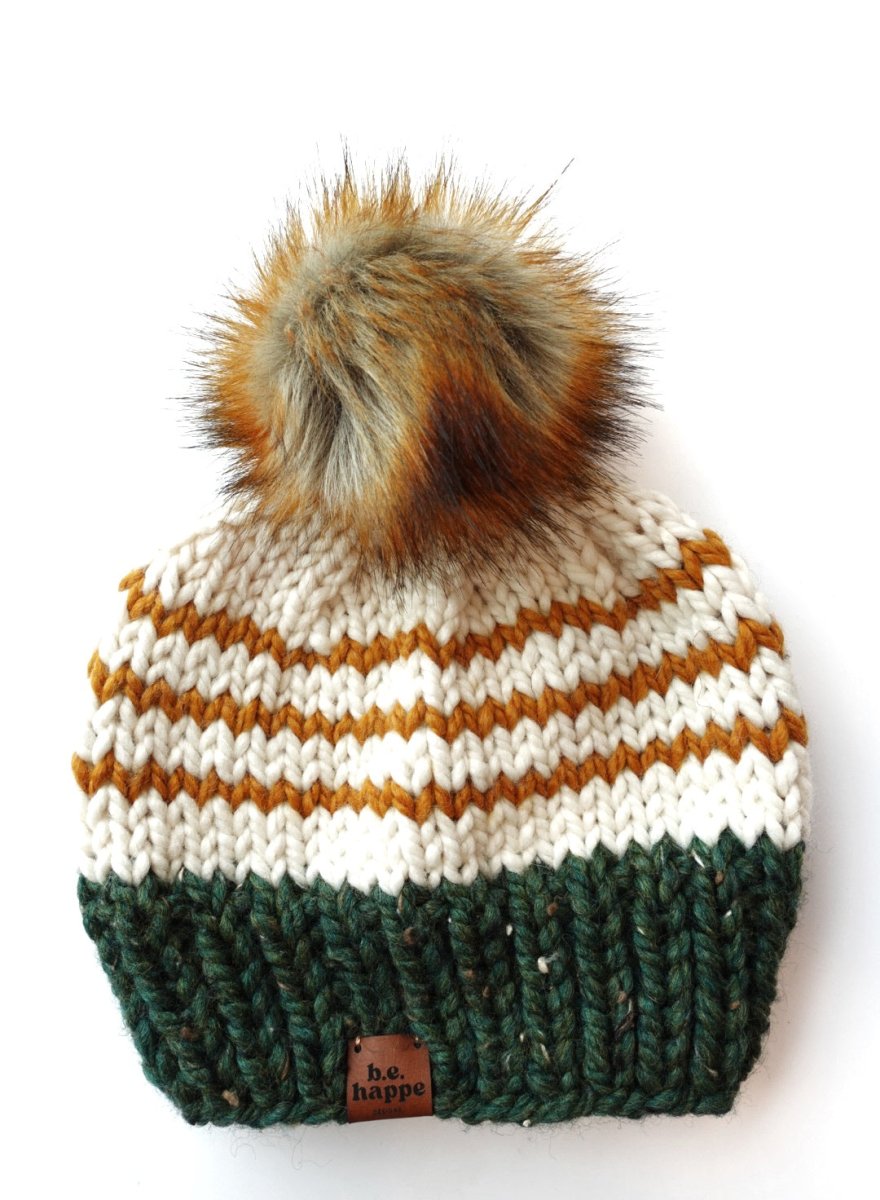 Youth Knit Pom Hat | Green Stripe Beanie - b.e.happe
