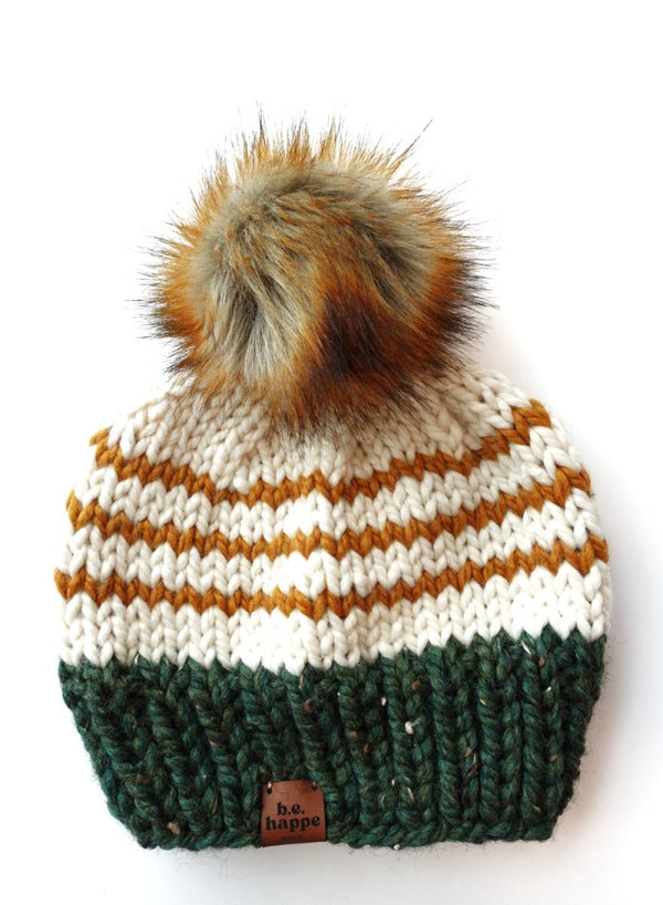 Youth Knit Pom Hat | Green Stripe Beanie - b.e.happe