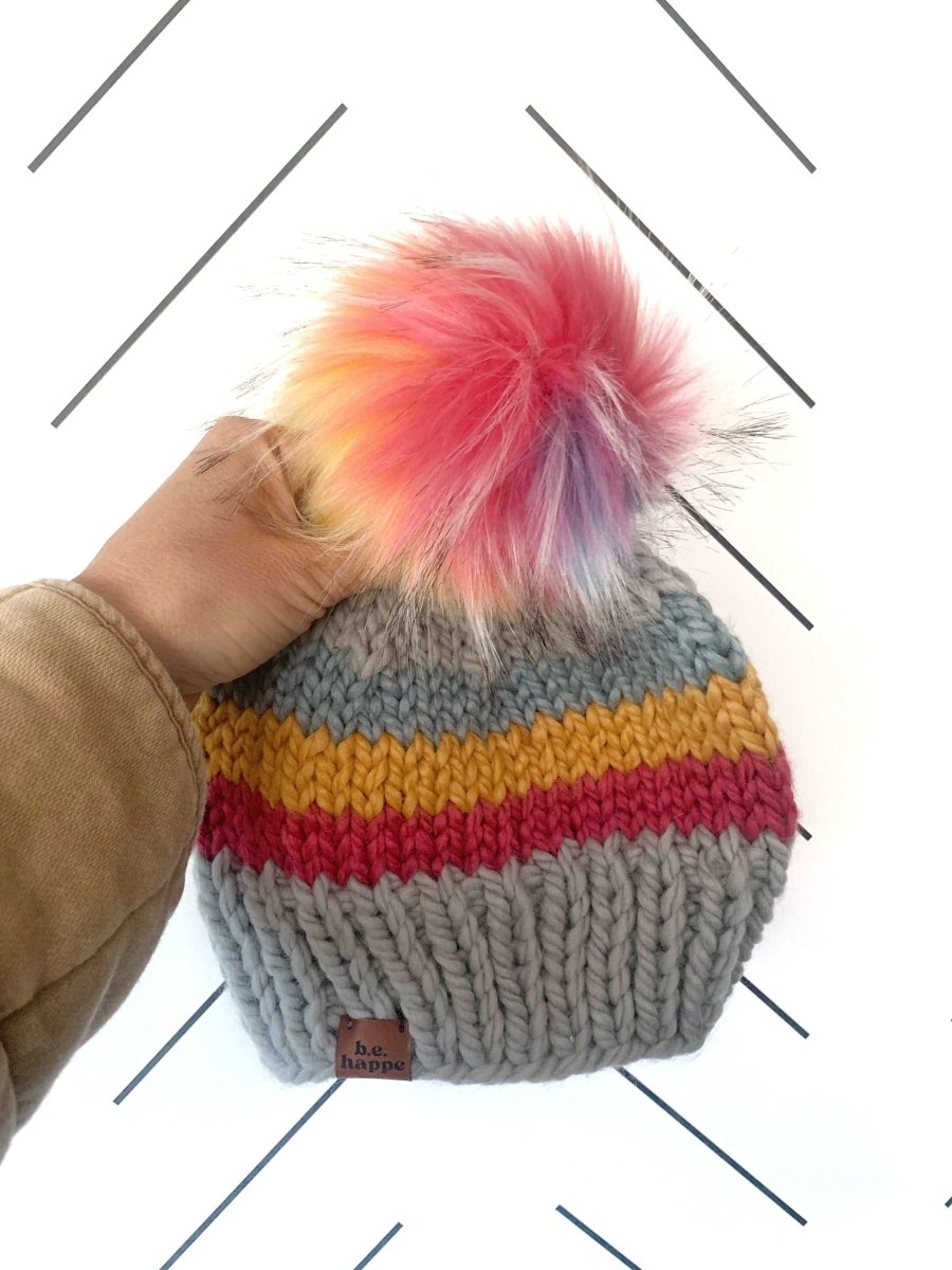 Youth Striped Knit Pom Pom Hat | Gray Rainbow - b.e.happe